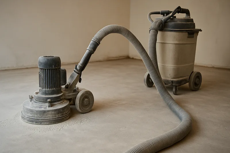A floor grinder with a dust shroud connected to an extractor unit — concrete floor preparation, Bendigo. Illustrative example.