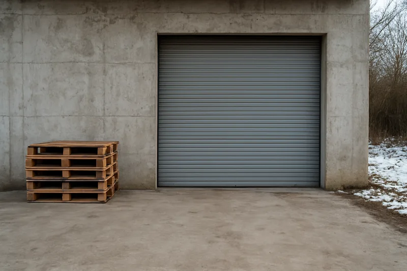 A bare concrete workshop slab with a roller door and a stacked pallet — shed and workshop floors, Bendigo. Illustrative example.