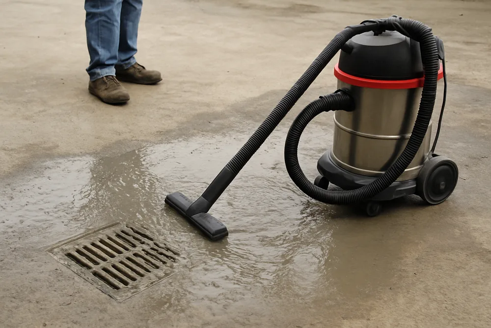A wet vacuum collecting grey slurry from a ground concrete floor — concrete floor preparation, Bendigo. Illustrative example.