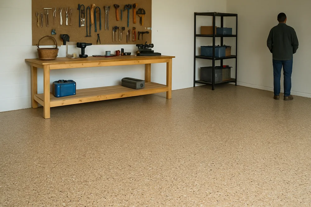 A garage floor in a tan flake finish with a workbench along one wall — decorative flake floors, Bendigo. Illustrative example.