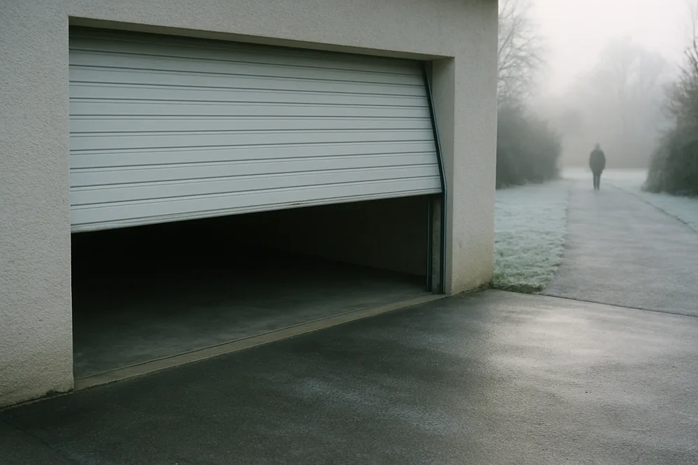 A garage door partly raised on a frosty winter morning — epoxy flooring, Bendigo. Illustrative example.