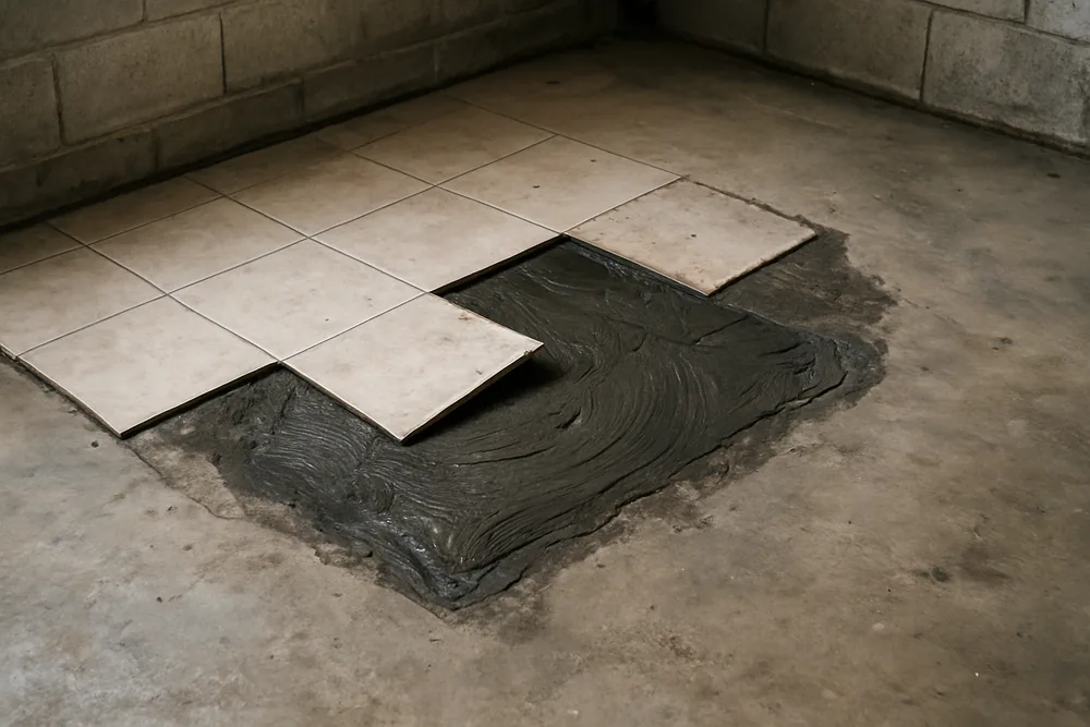 A corner of an old garage floor where tiles have lifted to show dark adhesive — garage floor coating, Bendigo. Illustrative example.