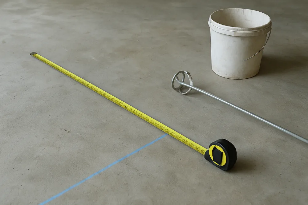 A tape measure and a chalk line across a bare concrete garage floor with a bucket and mixing paddle at the edge — epoxy flooring, Bendigo. Illustrative example.
