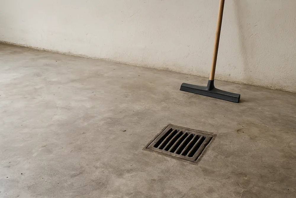 A bare concrete garage floor falling to a floor drain grate with a squeegee beside it — garage floor coating, Bendigo. Illustrative example.