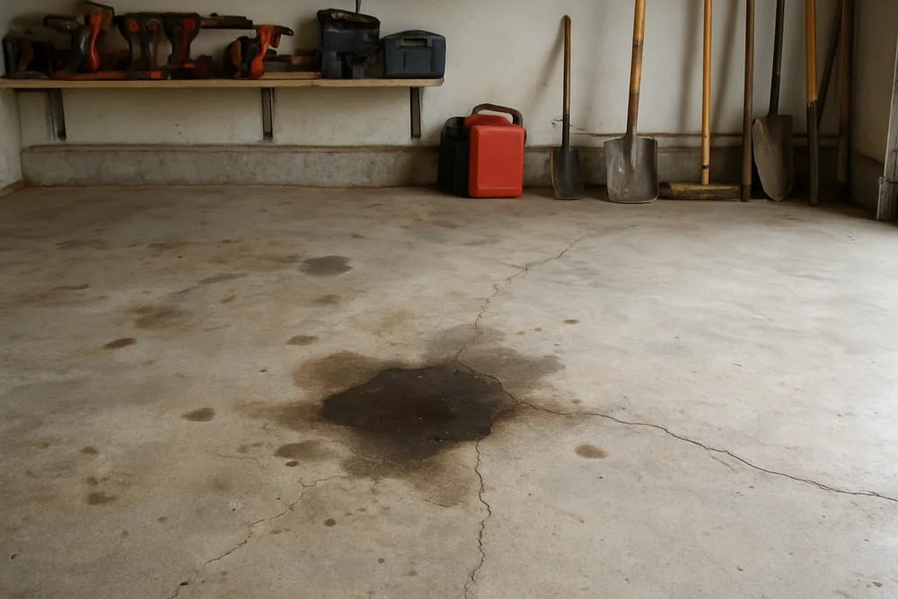 A bare concrete garage floor with oil stains and hairline cracks — garage floor coating, Bendigo. Illustrative example.