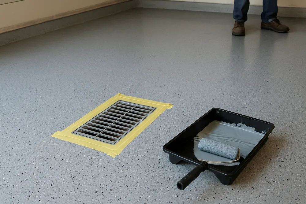 A garage floor with the drain grate masked with tape and a roller tray nearby — garage floor coating, Bendigo. Illustrative example.