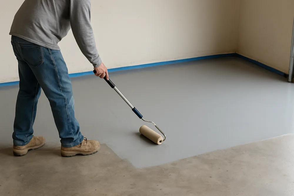 A roller laying a coat on a garage floor with tape along the wall edge — garage floor coating, Bendigo. Illustrative example.