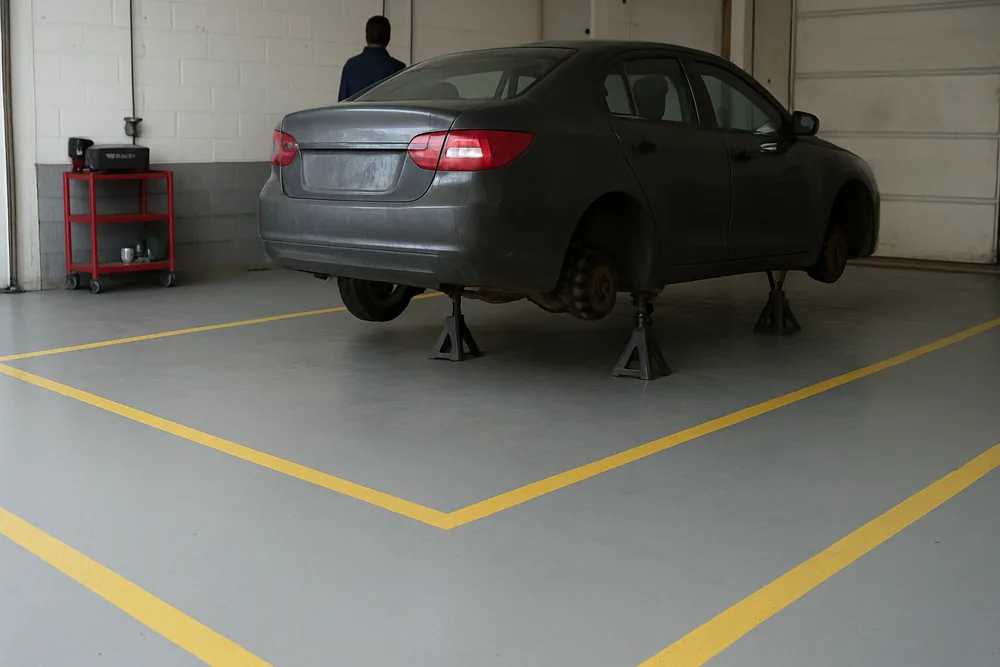 A coated workshop floor with painted bay lines and a car on jack stands — shed and workshop floors, Bendigo. Illustrative example.