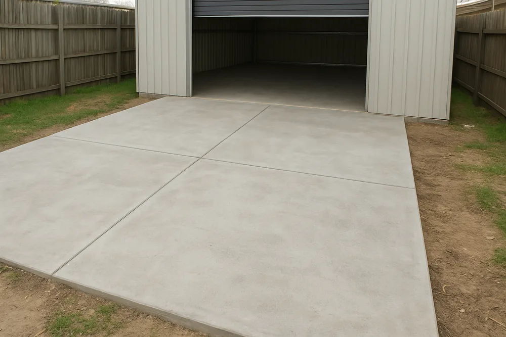 A bare concrete shed slab with saw-cut control joints and an open roller door — shed and workshop floors, Bendigo. Illustrative example.